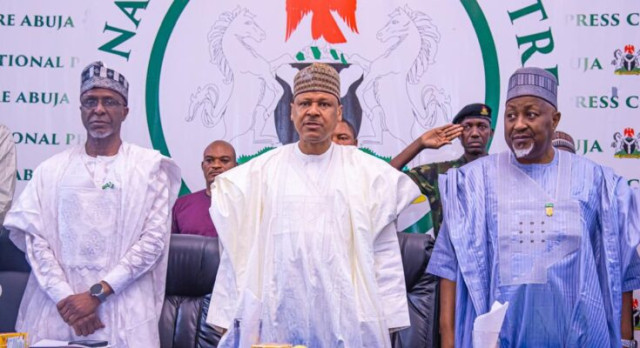 Minister of Environment, Balarabe Abbas (left); Minister of Information and National Orientation, Mohammed Idris, and his Defence counterpart, Mohammed Badaru Abubakar, at the Seventh Ministerial Briefing Session in Abuja, yesterday.